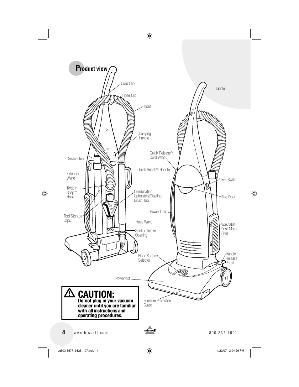 Caution, Roduct view | Bissell PowerForce 3525 series User Manual | Page 4 / 12