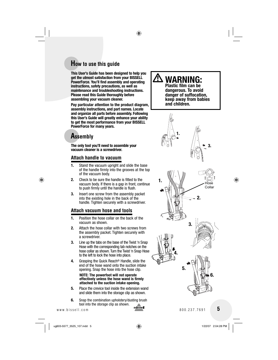 Warning | Bissell PowerForce 3525 series User Manual | Page 5 / 12