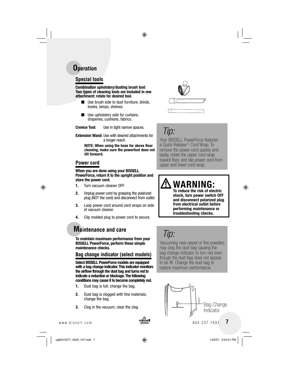 Warning | Bissell PowerForce 3525 series User Manual | Page 7 / 12