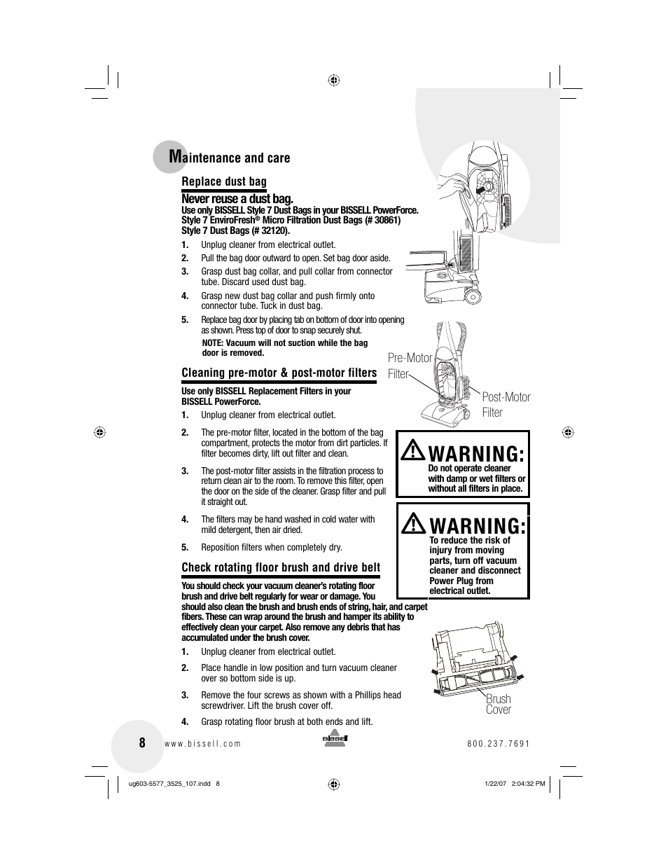 Warning, Never reuse a dust bag | Bissell PowerForce 3525 series User Manual | Page 8 / 12
