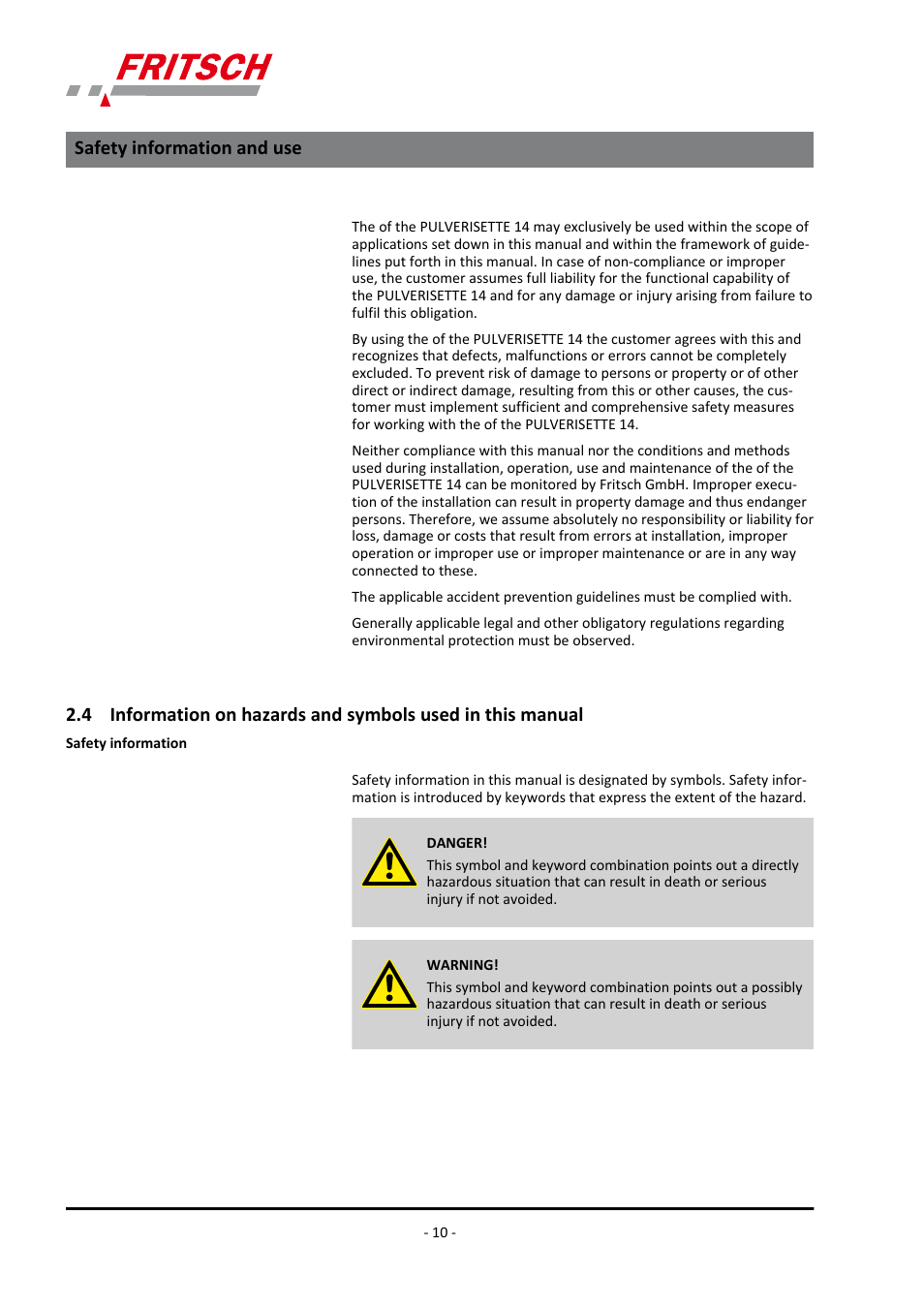 Safety information and use | FRITSCH PULVERISETTE 14 User Manual | Page 10 / 56