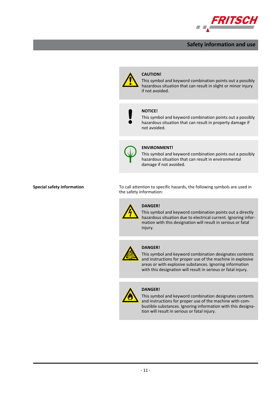 Safety information and use | FRITSCH PULVERISETTE 14 User Manual | Page 11 / 56