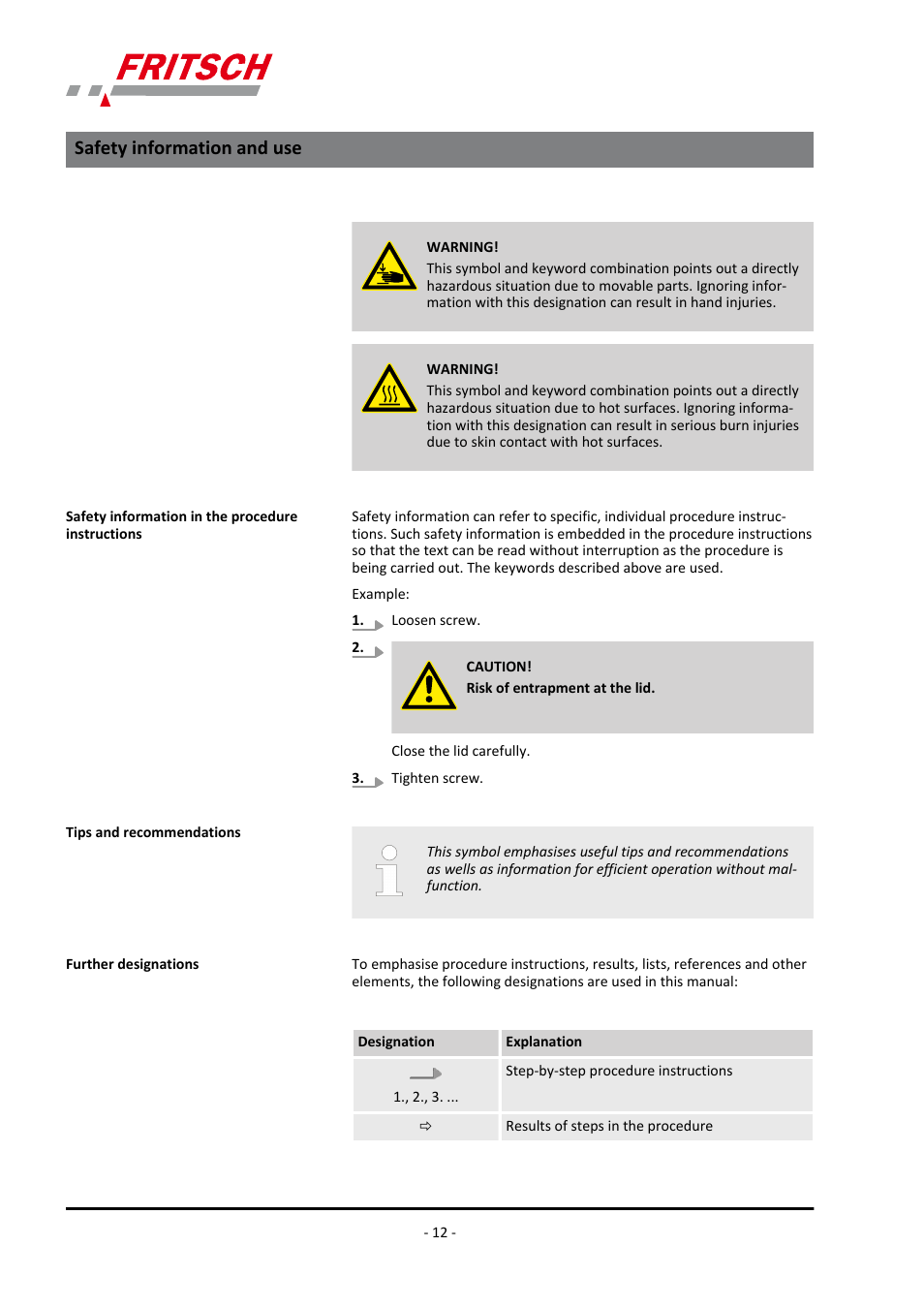 Safety information and use | FRITSCH PULVERISETTE 14 User Manual | Page 12 / 56