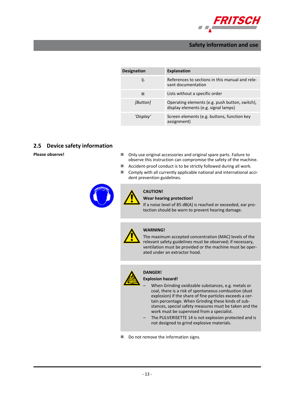 5 device safety information, Safety information and use | FRITSCH PULVERISETTE 14 User Manual | Page 13 / 56