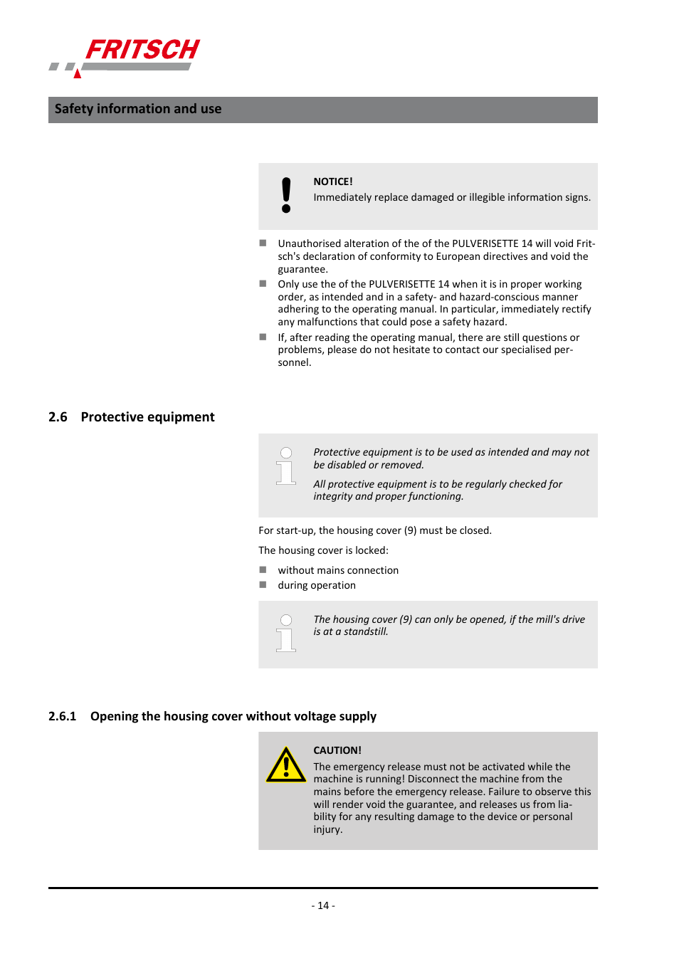 6 protective equipment, 1 opening the housing cover without voltage supply, Safety information and use | FRITSCH PULVERISETTE 14 User Manual | Page 14 / 56