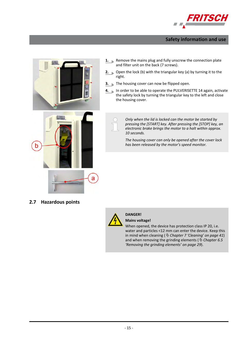 7 hazardous points, Safety information and use | FRITSCH PULVERISETTE 14 User Manual | Page 15 / 56