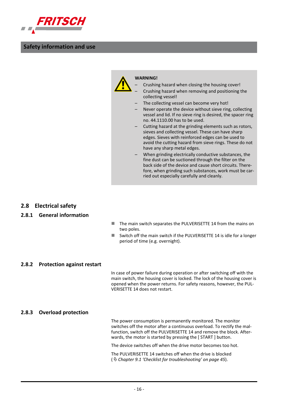 8 electrical safety, 1 general information, 2 protection against restart | 3 overload protection, Safety information and use | FRITSCH PULVERISETTE 14 User Manual | Page 16 / 56