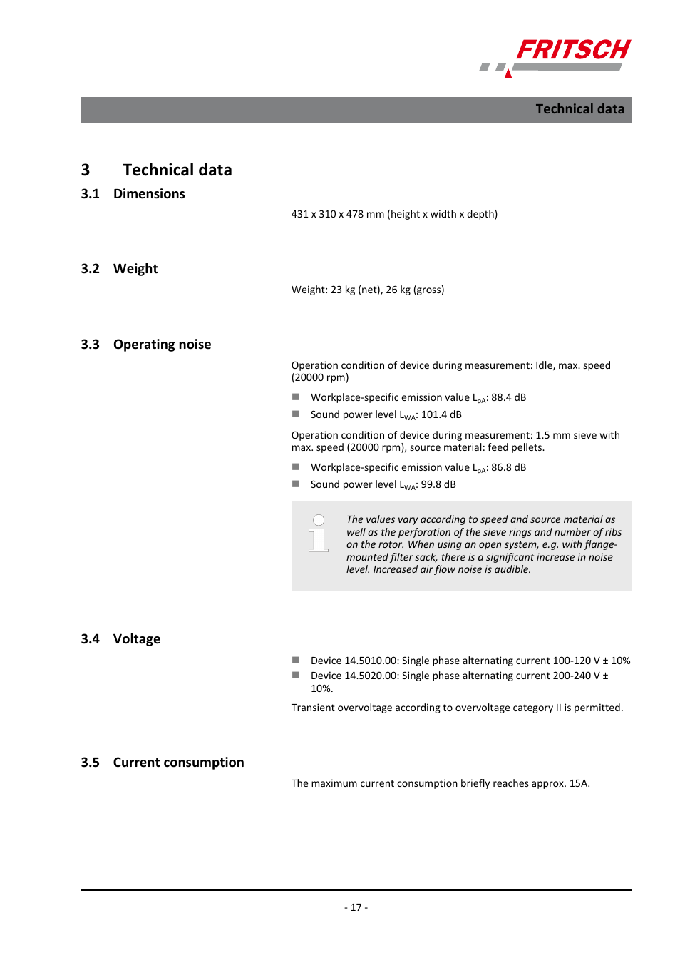 3 technical data, 1 dimensions, 2 weight | 3 operating noise, 4 voltage, 5 current consumption, 3technical data, Technical data | FRITSCH PULVERISETTE 14 User Manual | Page 17 / 56
