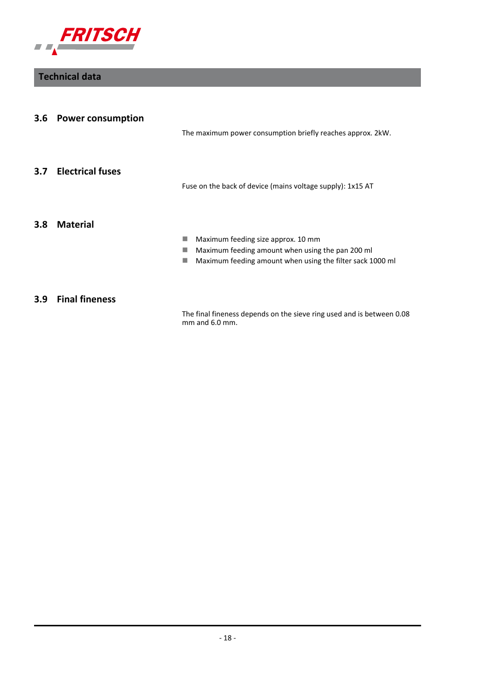 6 power consumption, 7 electrical fuses, 8 material | 9 final fineness | FRITSCH PULVERISETTE 14 User Manual | Page 18 / 56