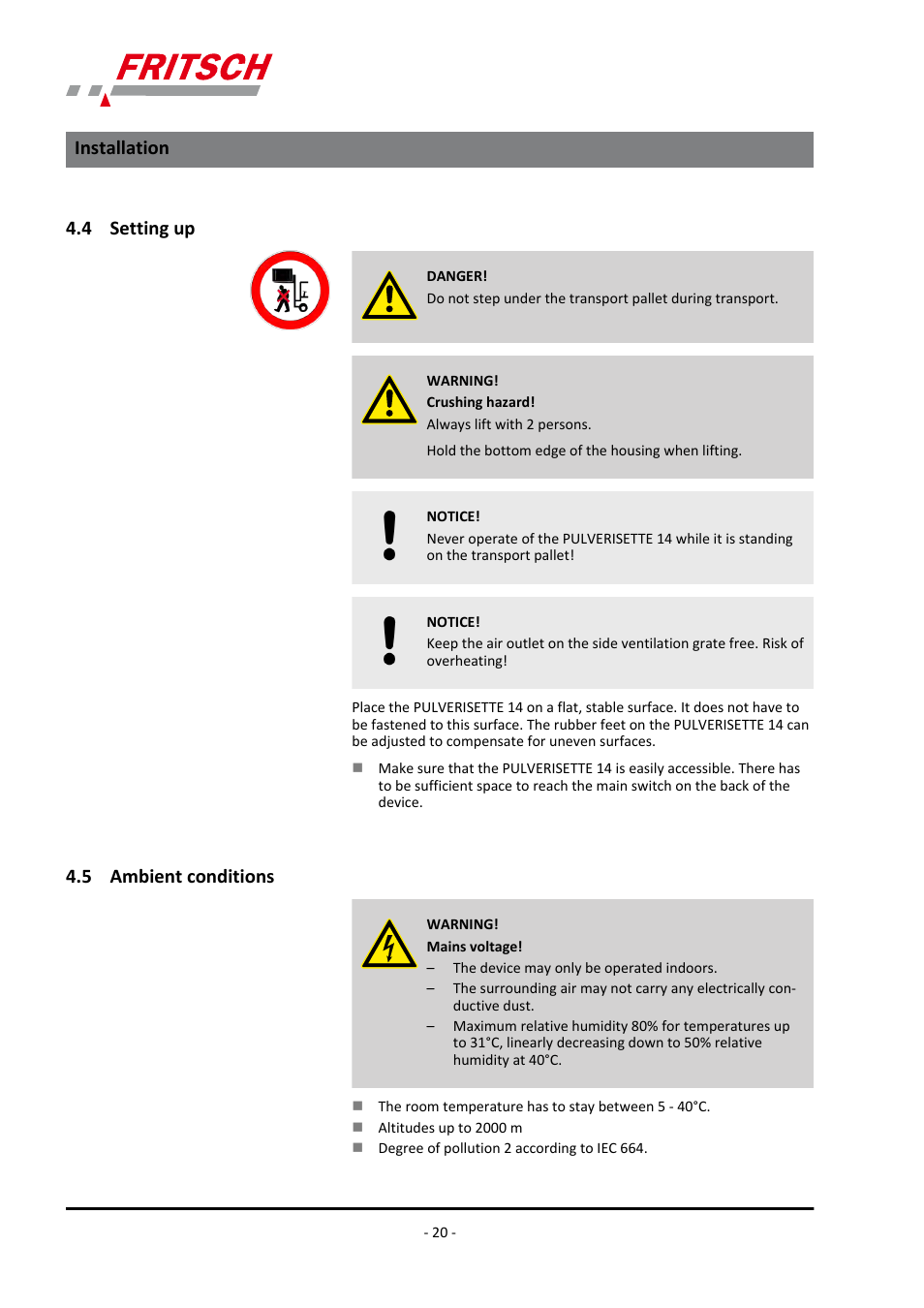 4 setting up, 5 ambient conditions, 4 setting up 4.5 ambient conditions | Installation | FRITSCH PULVERISETTE 14 User Manual | Page 20 / 56