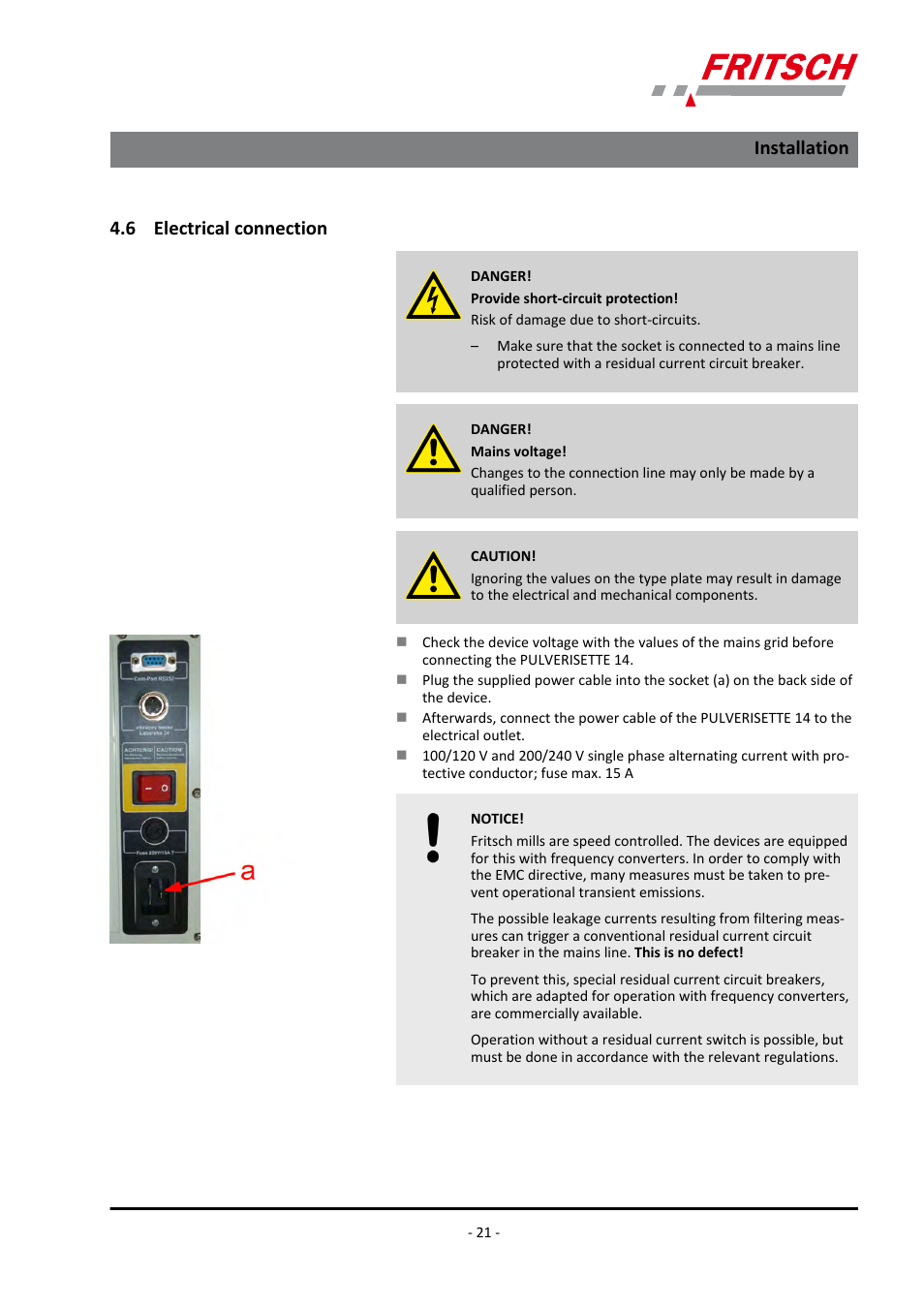 6 electrical connection, Installation | FRITSCH PULVERISETTE 14 User Manual | Page 21 / 56