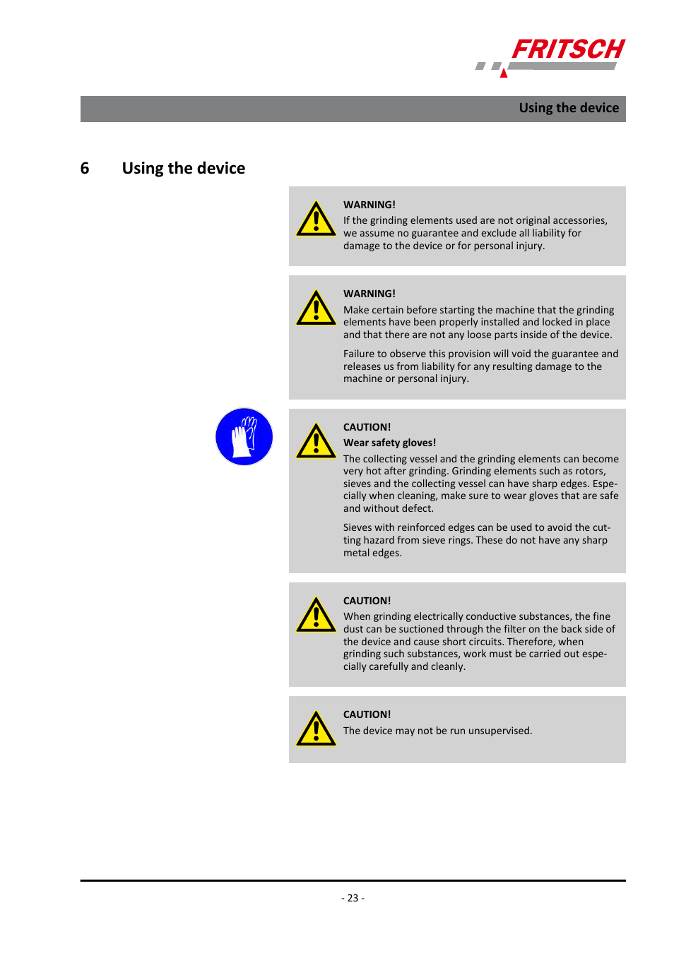 6 using the device, Using the device, 6using the device | FRITSCH PULVERISETTE 14 User Manual | Page 23 / 56