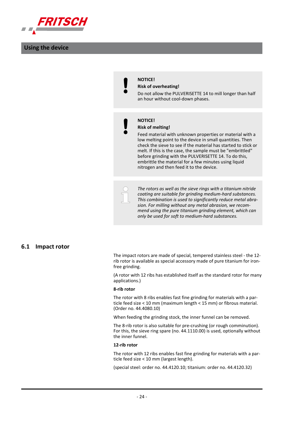 1 impact rotor, Using the device | FRITSCH PULVERISETTE 14 User Manual | Page 24 / 56