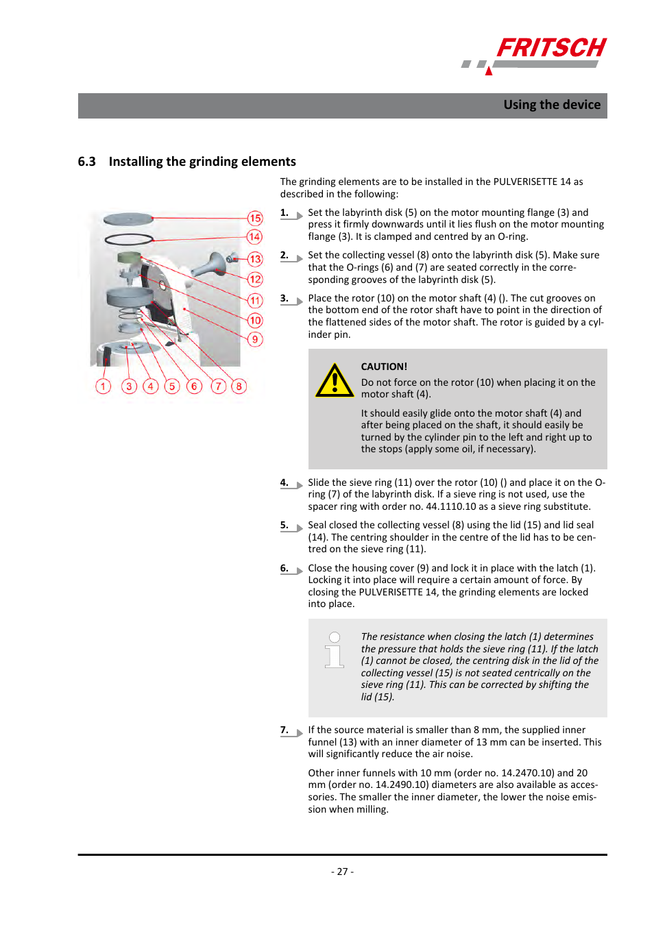 3 installing the grinding elements, Using the device | FRITSCH PULVERISETTE 14 User Manual | Page 27 / 56