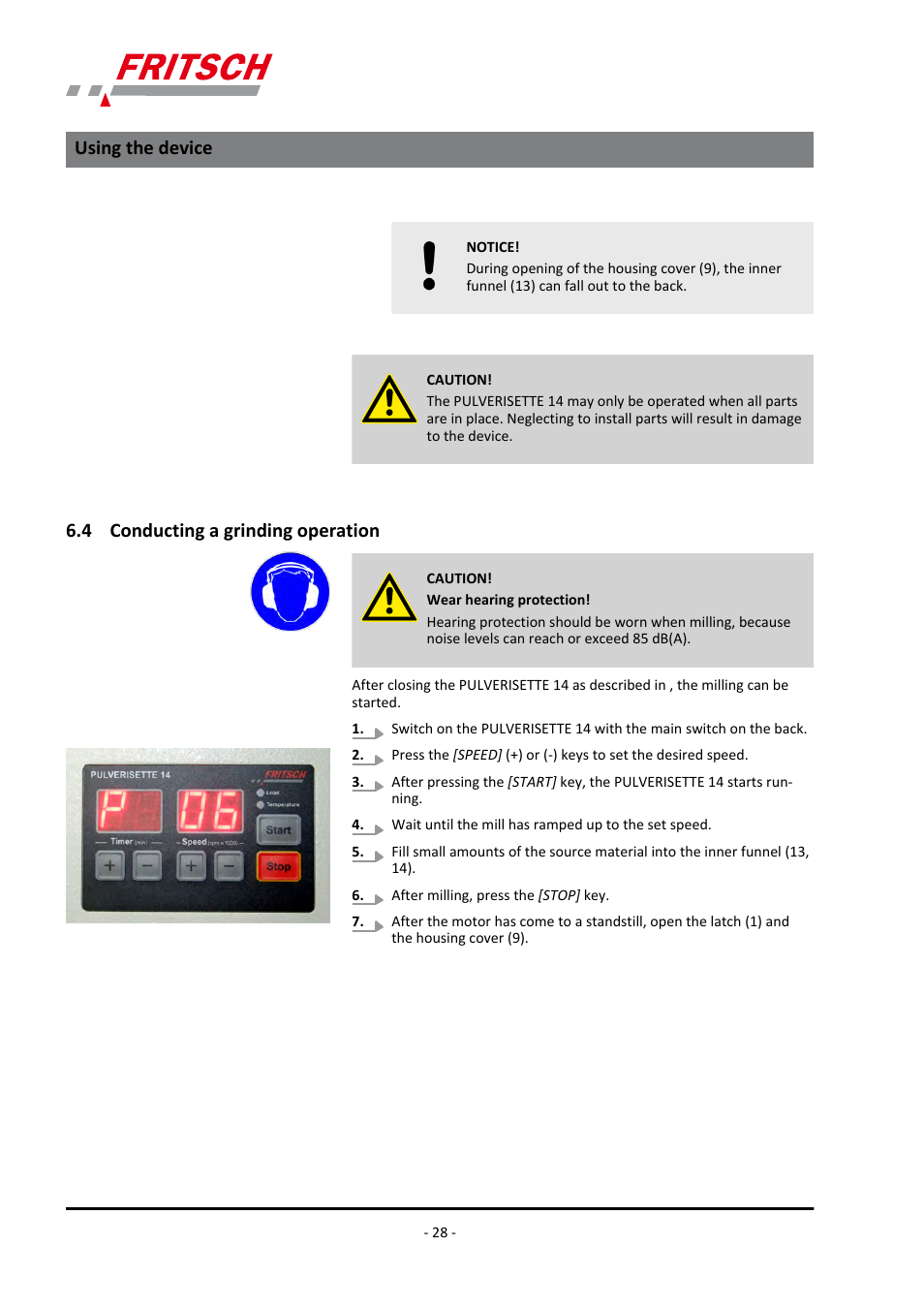 4 conducting a grinding operation, Using the device | FRITSCH PULVERISETTE 14 User Manual | Page 28 / 56