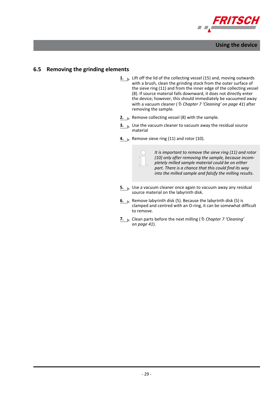 5 removing the grinding elements, Using the device | FRITSCH PULVERISETTE 14 User Manual | Page 29 / 56