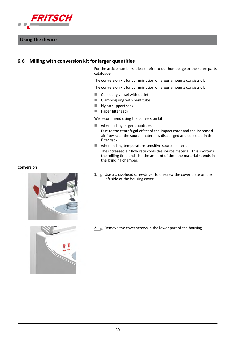 Using the device | FRITSCH PULVERISETTE 14 User Manual | Page 30 / 56