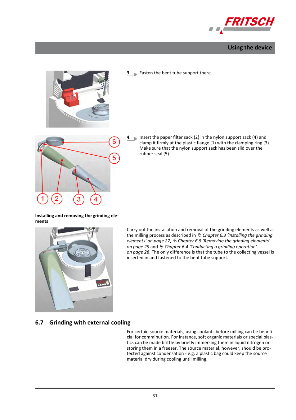 7 grinding with external cooling, Using the device | FRITSCH PULVERISETTE 14 User Manual | Page 31 / 56