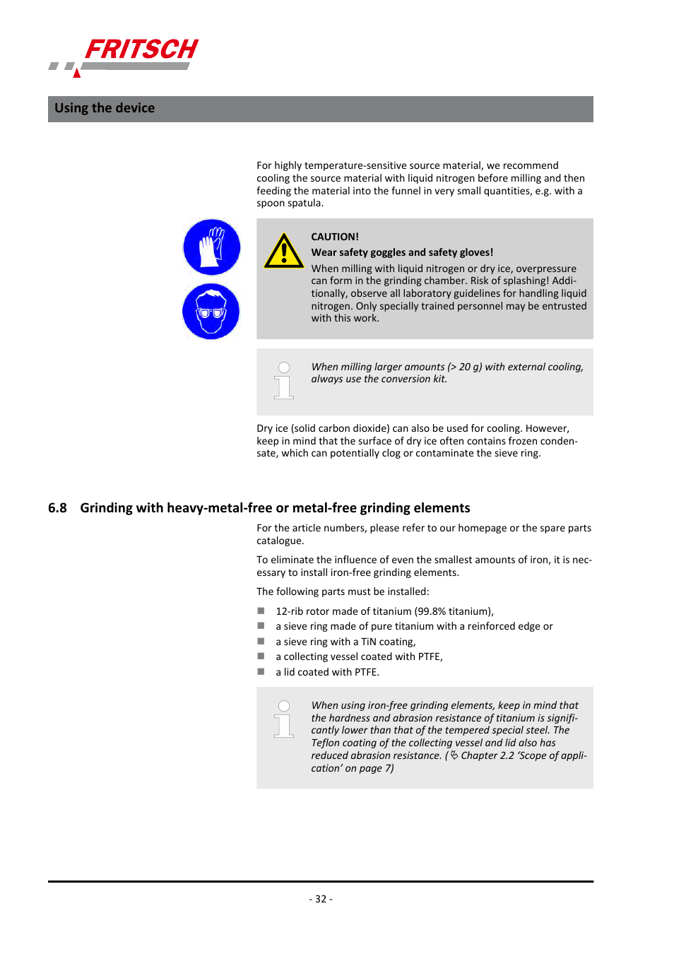 Ments, Using the device | FRITSCH PULVERISETTE 14 User Manual | Page 32 / 56