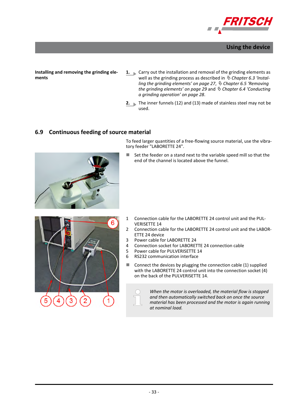 9 continuous feeding of source material, Using the device | FRITSCH PULVERISETTE 14 User Manual | Page 33 / 56