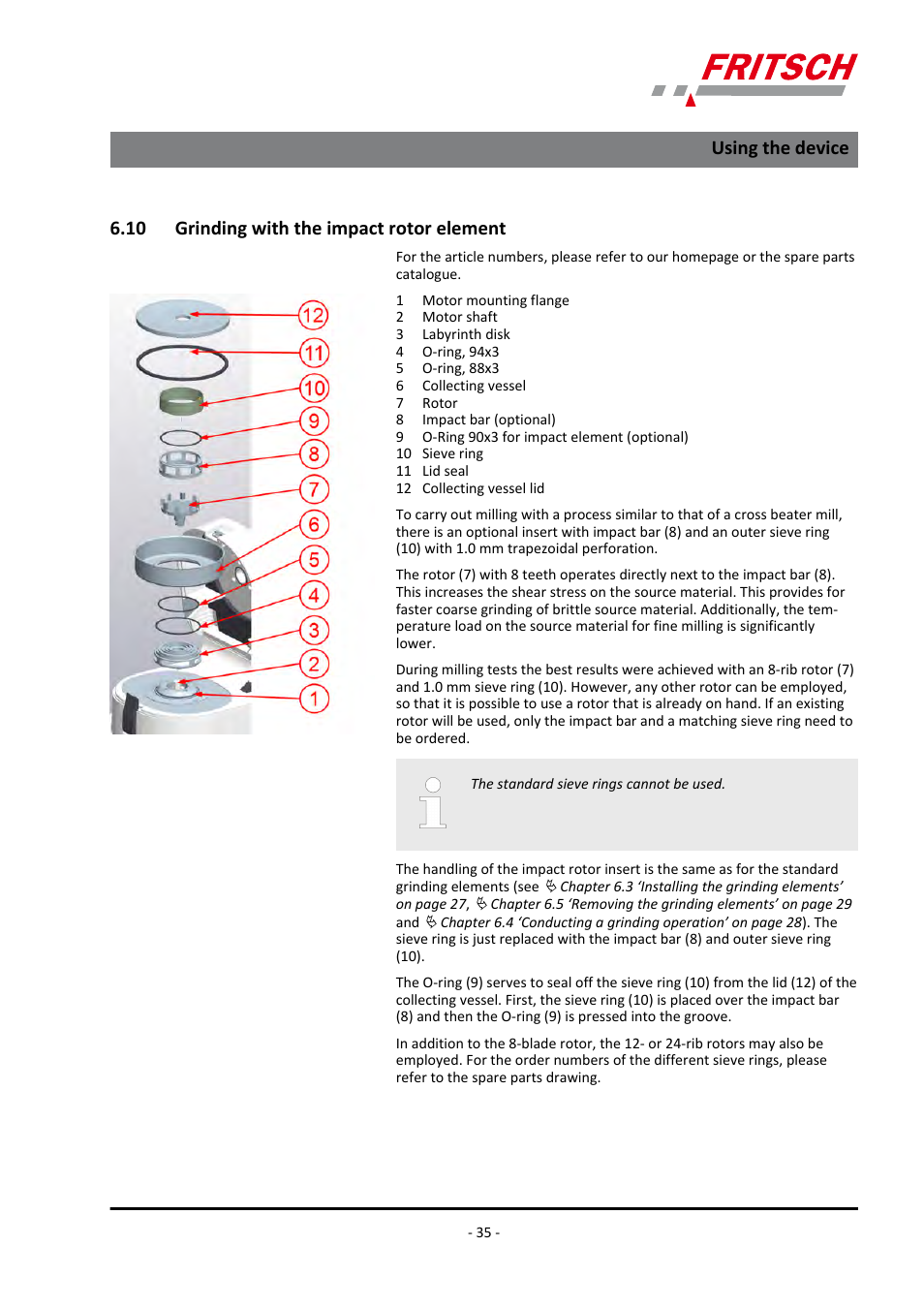 10 grinding with the impact rotor element, Using the device | FRITSCH PULVERISETTE 14 User Manual | Page 35 / 56