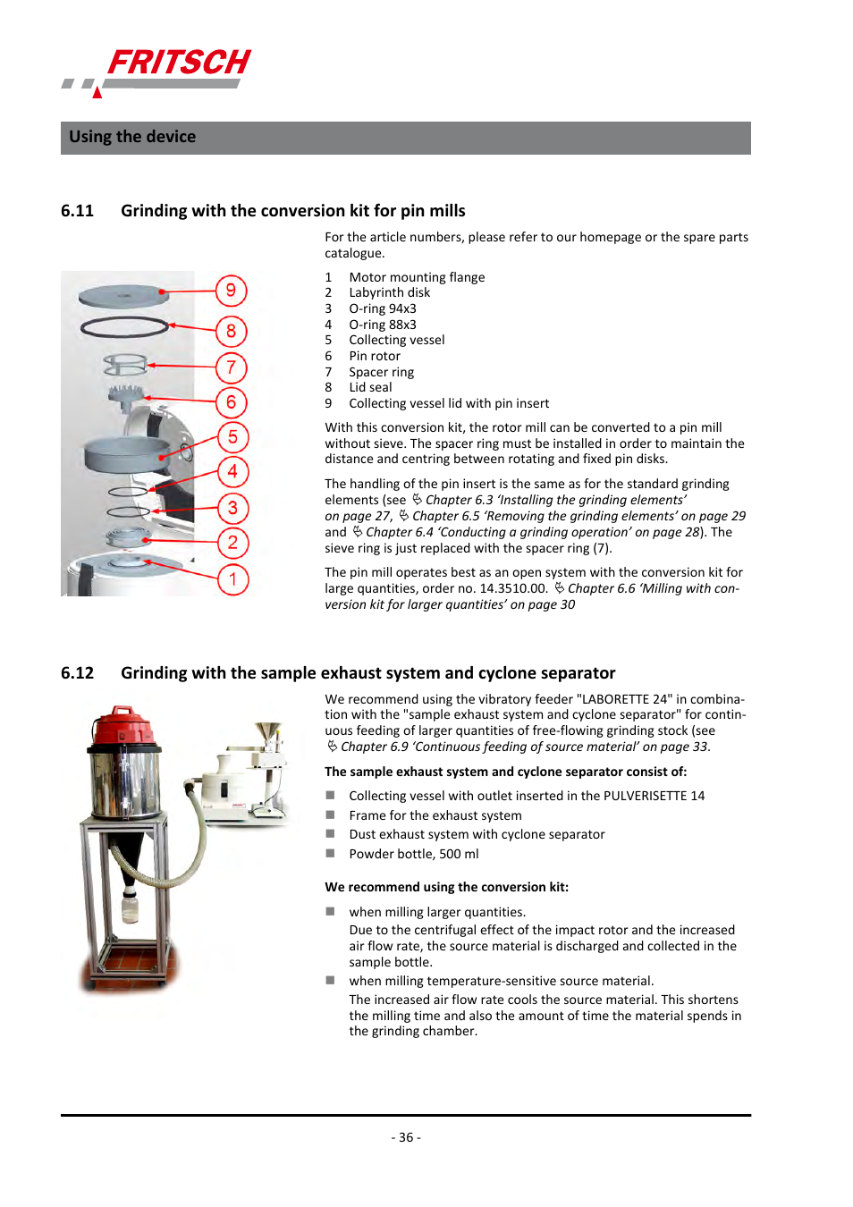 11 grinding with the conversion kit for pin mills, Separator, Using the device | FRITSCH PULVERISETTE 14 User Manual | Page 36 / 56