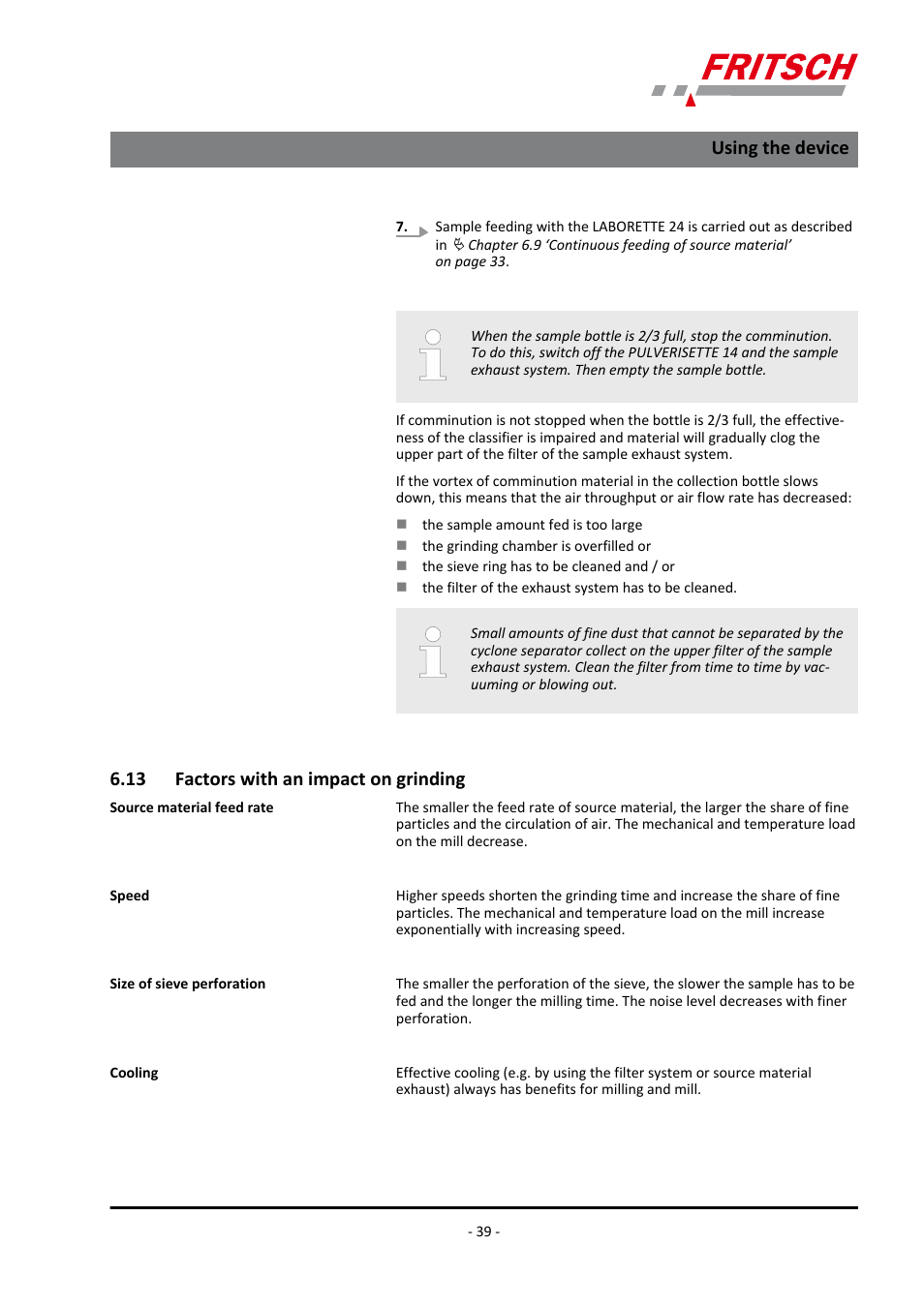13 factors with an impact on grinding, Using the device | FRITSCH PULVERISETTE 14 User Manual | Page 39 / 56
