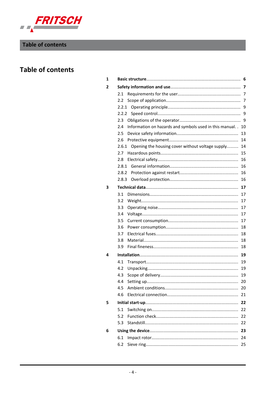 FRITSCH PULVERISETTE 14 User Manual | Page 4 / 56