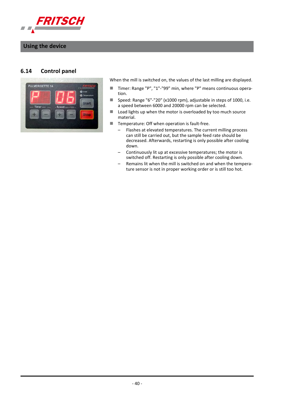 14 control panel, Using the device | FRITSCH PULVERISETTE 14 User Manual | Page 40 / 56