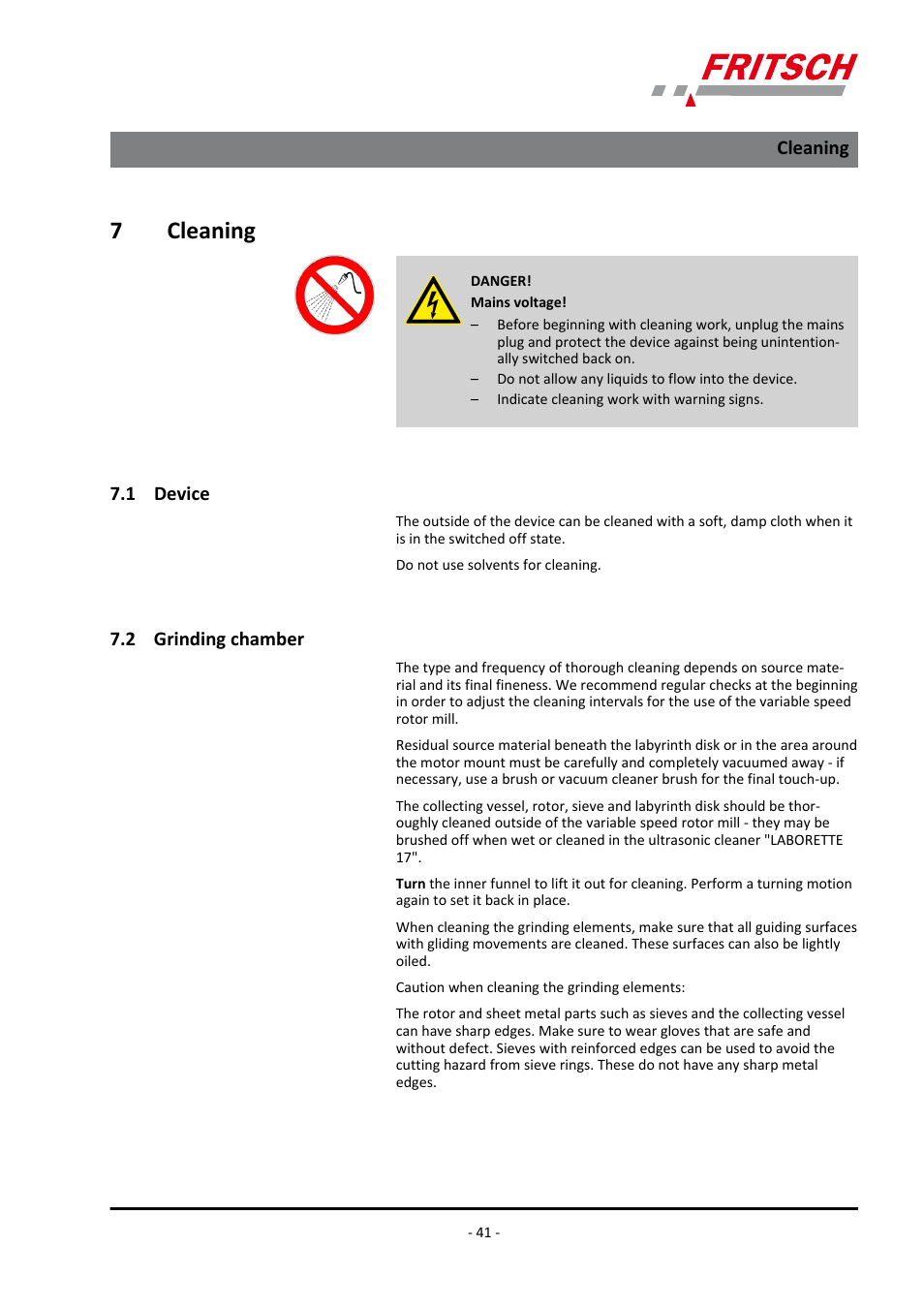 7 cleaning, 1 device, 2 grinding chamber | Cleaning 7.1 device 7.2 grinding chamber, 7cleaning | FRITSCH PULVERISETTE 14 User Manual | Page 41 / 56