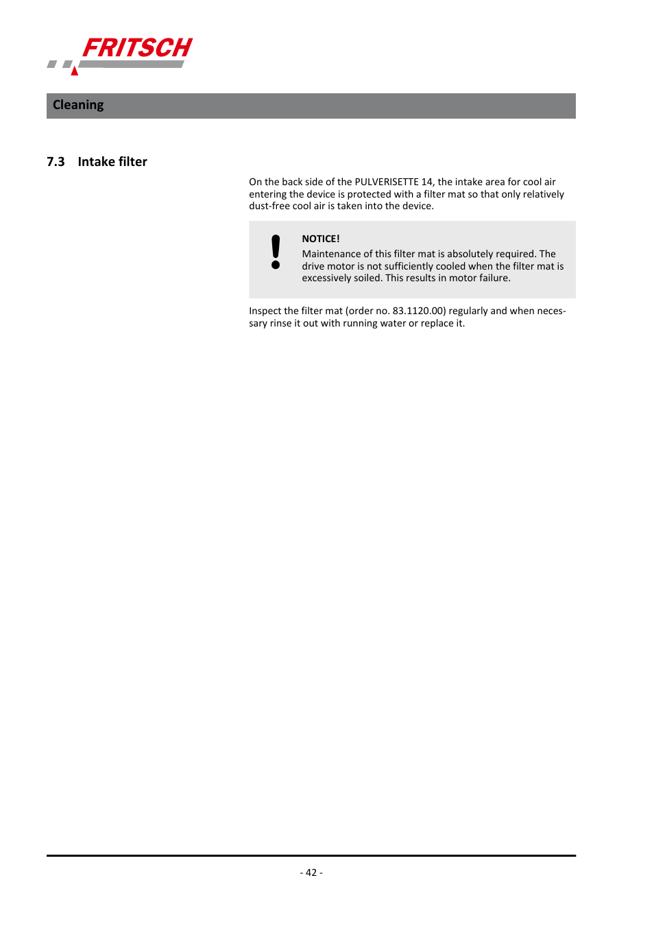 3 intake filter, Cleaning | FRITSCH PULVERISETTE 14 User Manual | Page 42 / 56