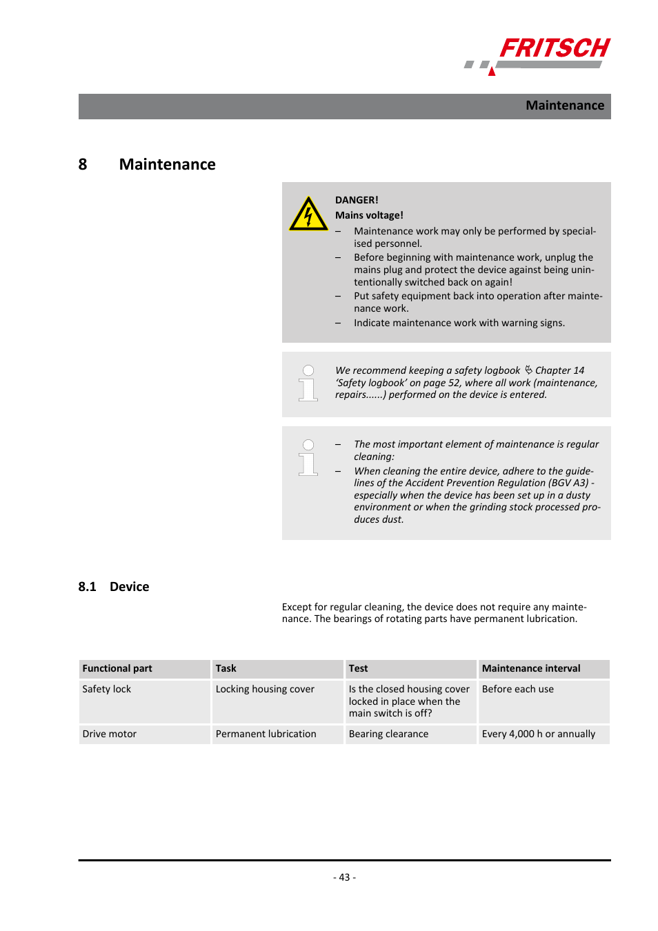 8 maintenance, 1 device, Maintenance 8.1 device | 8maintenance, Maintenance | FRITSCH PULVERISETTE 14 User Manual | Page 43 / 56