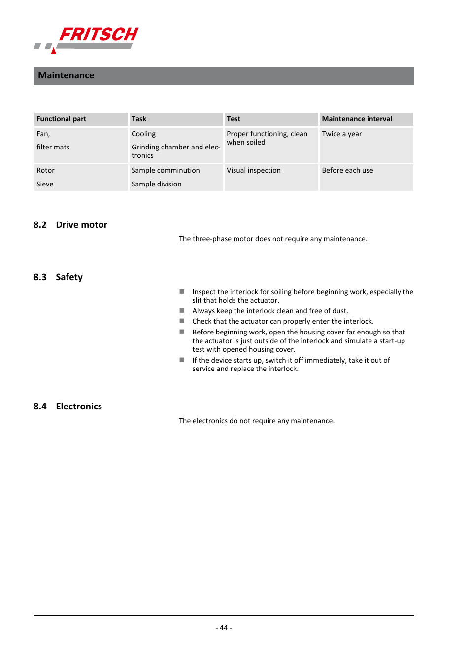 2 drive motor, 3 safety, 4 electronics | 2 drive motor 8.3 safety 8.4 electronics, Maintenance | FRITSCH PULVERISETTE 14 User Manual | Page 44 / 56
