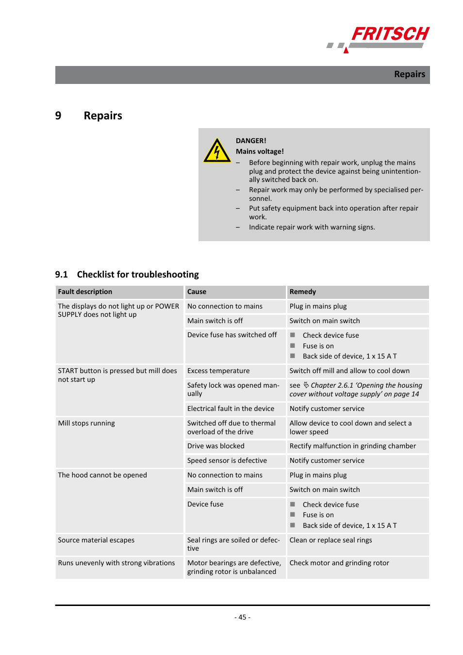 9 repairs, 1 checklist for troubleshooting, Repairs 9.1 checklist for troubleshooting | 9repairs, Repairs | FRITSCH PULVERISETTE 14 User Manual | Page 45 / 56