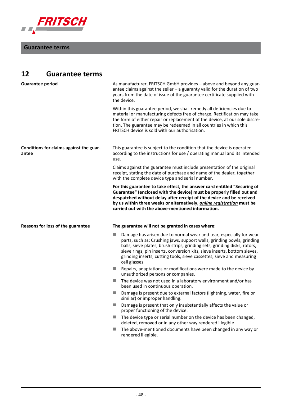 12 guarantee terms, Guarantee terms | FRITSCH PULVERISETTE 14 User Manual | Page 48 / 56