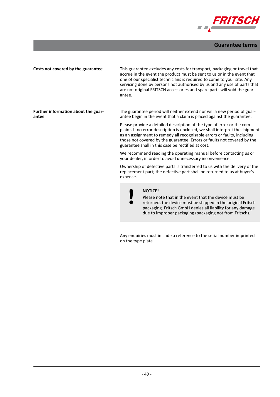 Guarantee terms | FRITSCH PULVERISETTE 14 User Manual | Page 49 / 56