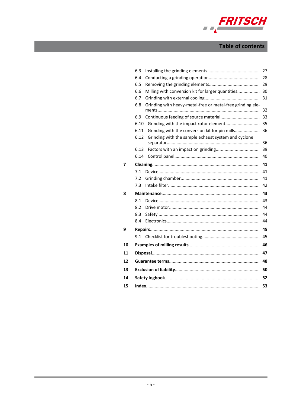 FRITSCH PULVERISETTE 14 User Manual | Page 5 / 56