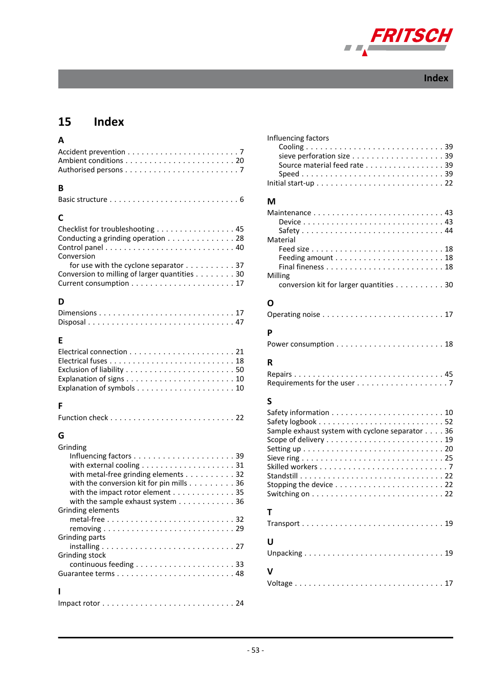 15 index, Index | FRITSCH PULVERISETTE 14 User Manual | Page 53 / 56