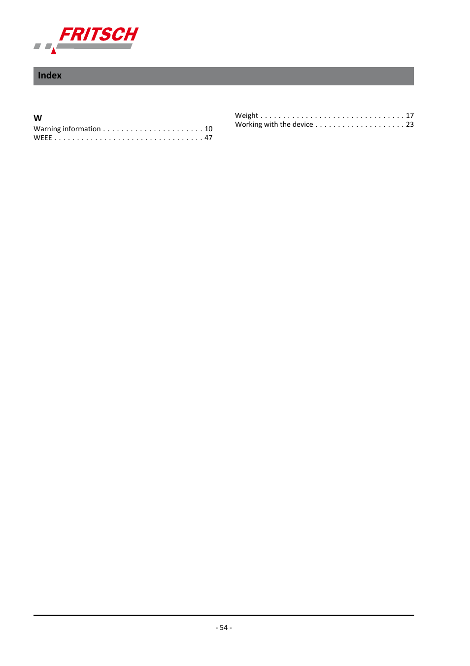 Index | FRITSCH PULVERISETTE 14 User Manual | Page 54 / 56