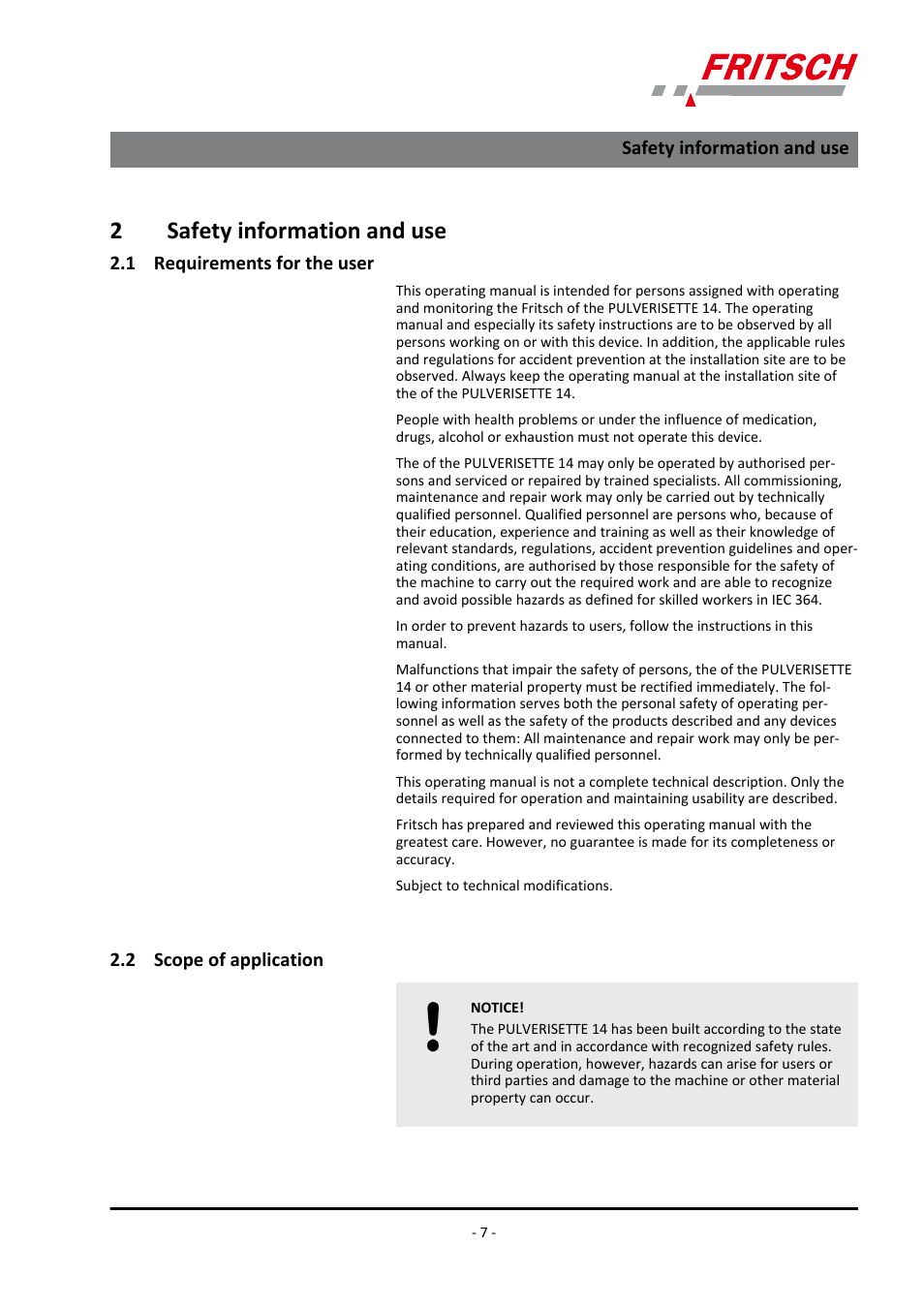 2 safety information and use, 1 requirements for the user, 2 scope of application | 2safety information and use | FRITSCH PULVERISETTE 14 User Manual | Page 7 / 56