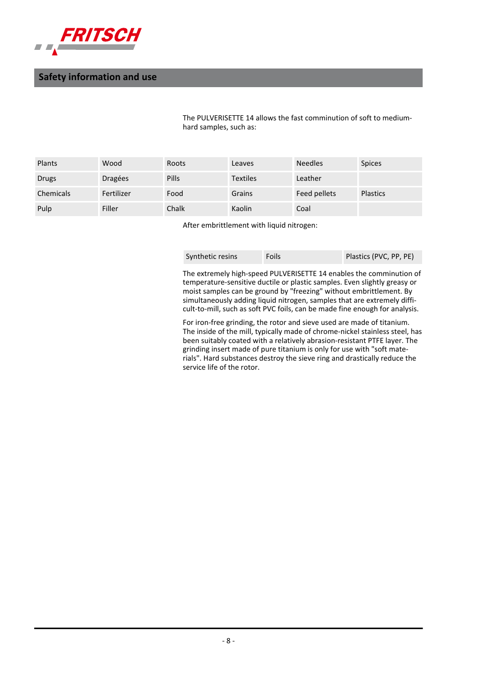 Safety information and use | FRITSCH PULVERISETTE 14 User Manual | Page 8 / 56