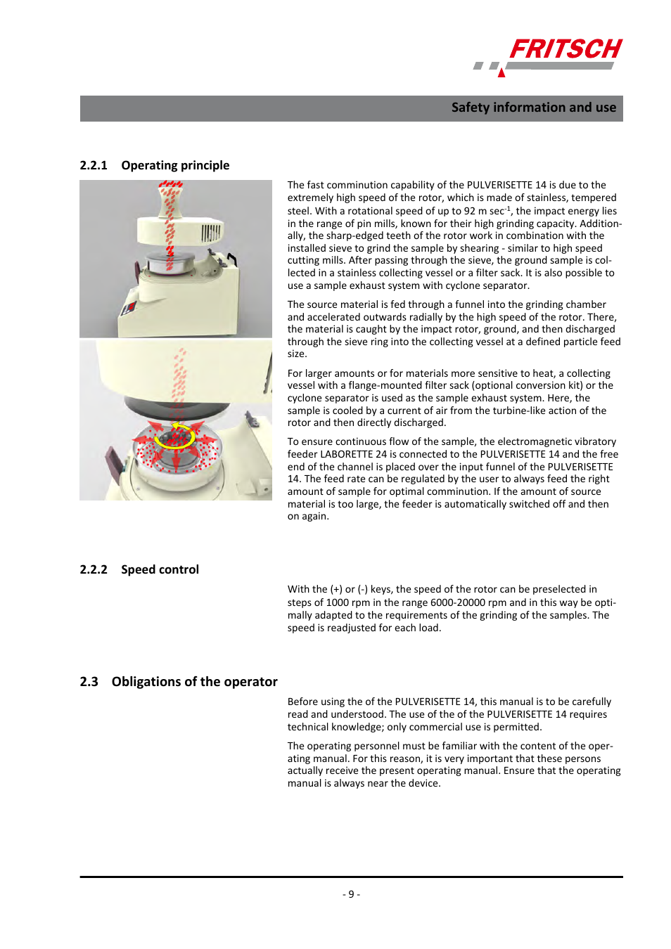 1 operating principle, 2 speed control, 3 obligations of the operator | Safety information and use | FRITSCH PULVERISETTE 14 User Manual | Page 9 / 56