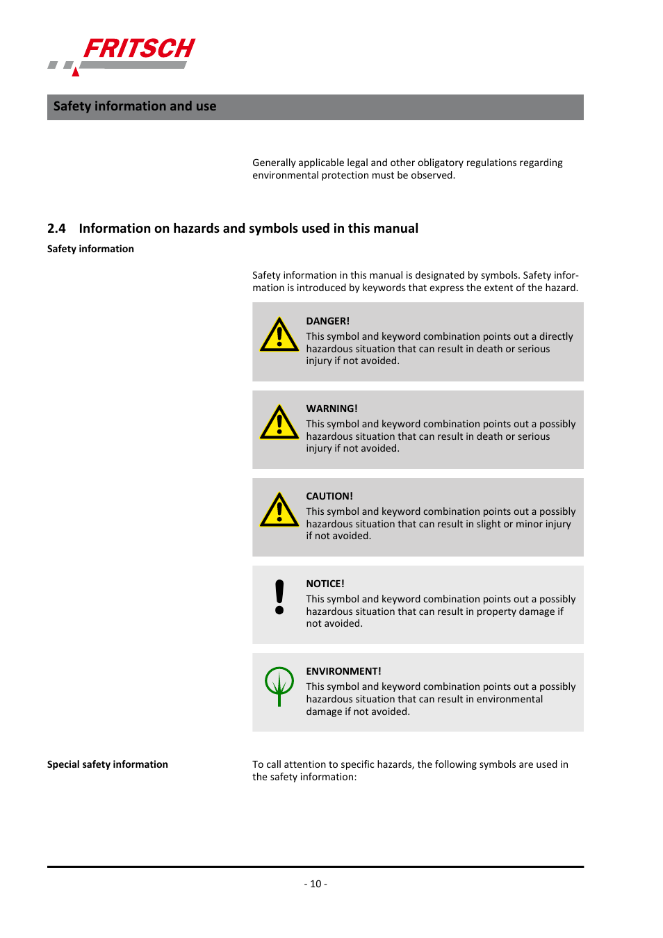 Safety information and use | FRITSCH PULVERISETTE 1, Model I premium line User Manual | Page 10 / 56