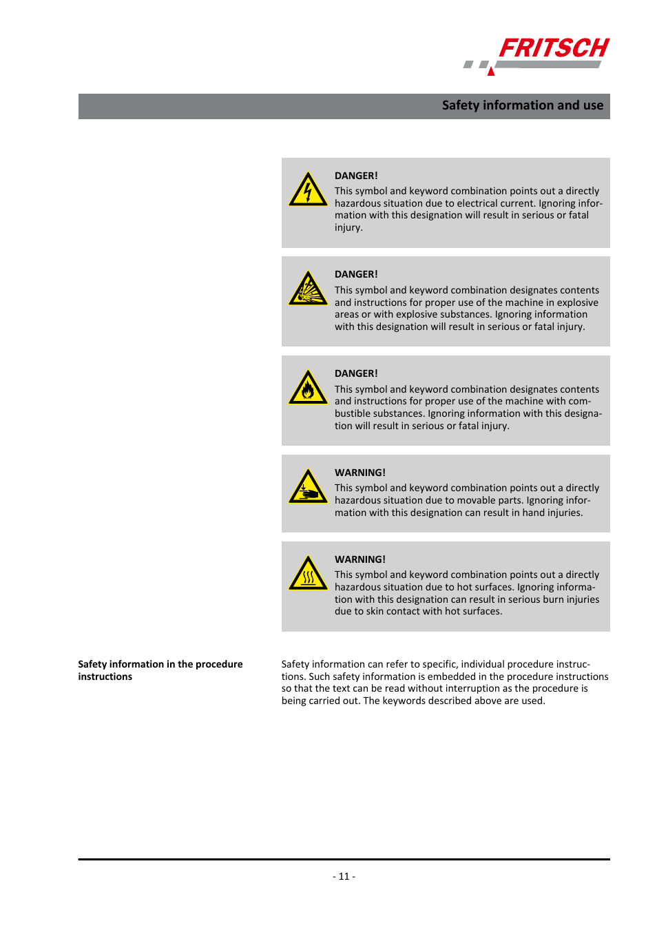 Safety information and use | FRITSCH PULVERISETTE 1, Model I premium line User Manual | Page 11 / 56