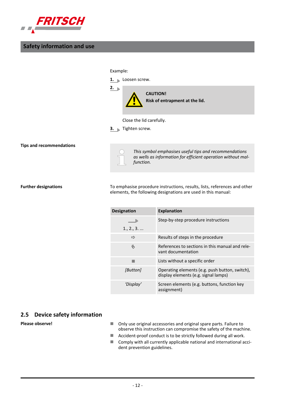 5 device safety information, Safety information and use | FRITSCH PULVERISETTE 1, Model I premium line User Manual | Page 12 / 56