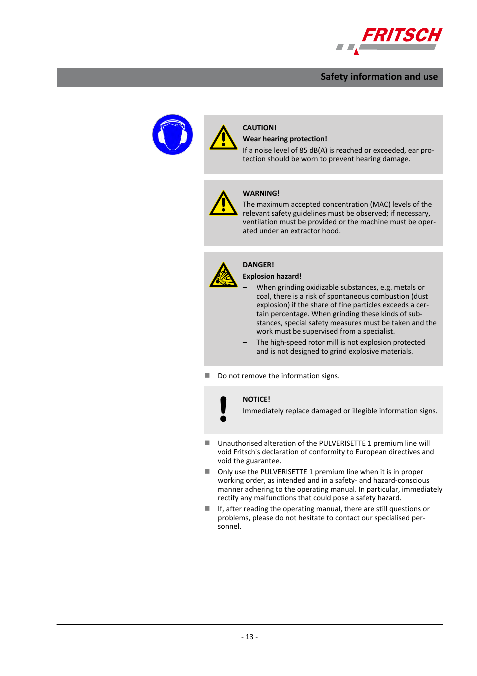 Safety information and use | FRITSCH PULVERISETTE 1, Model I premium line User Manual | Page 13 / 56