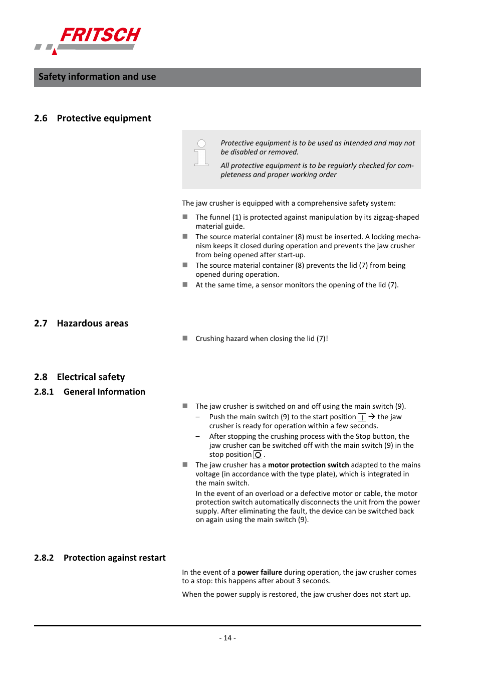 6 protective equipment, 7 hazardous areas, 8 electrical safety | 1 general information, 2 protection against restart, Safety information and use | FRITSCH PULVERISETTE 1, Model I premium line User Manual | Page 14 / 56