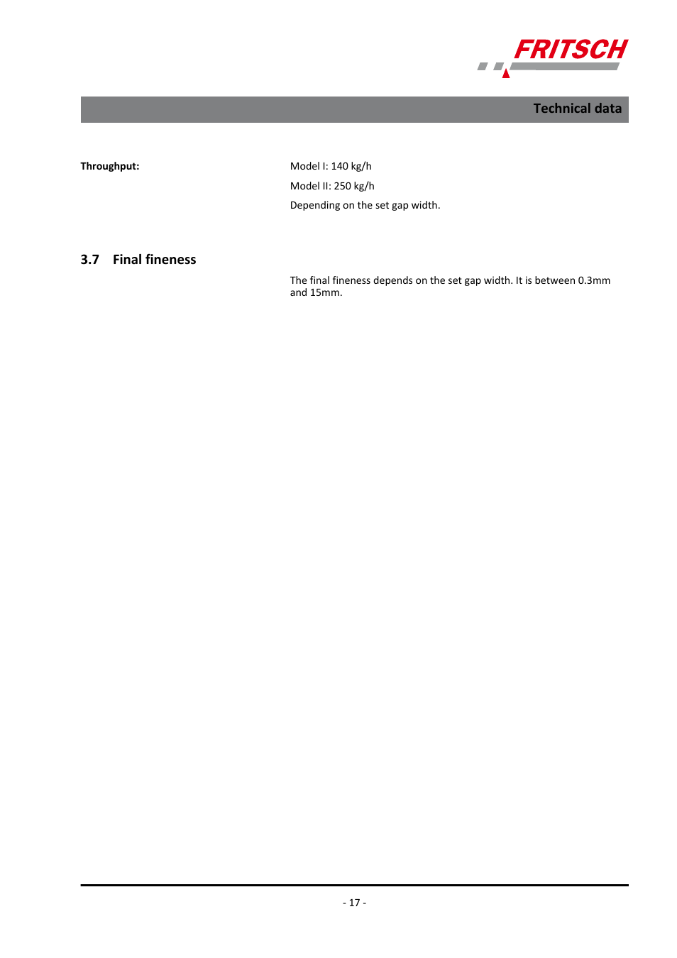 7 final fineness, Technical data | FRITSCH PULVERISETTE 1, Model I premium line User Manual | Page 17 / 56