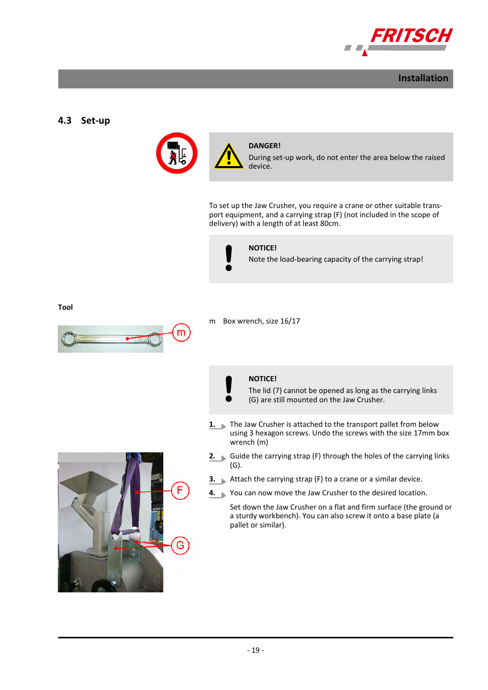 3 set-up, Installation | FRITSCH PULVERISETTE 1, Model I premium line User Manual | Page 19 / 56