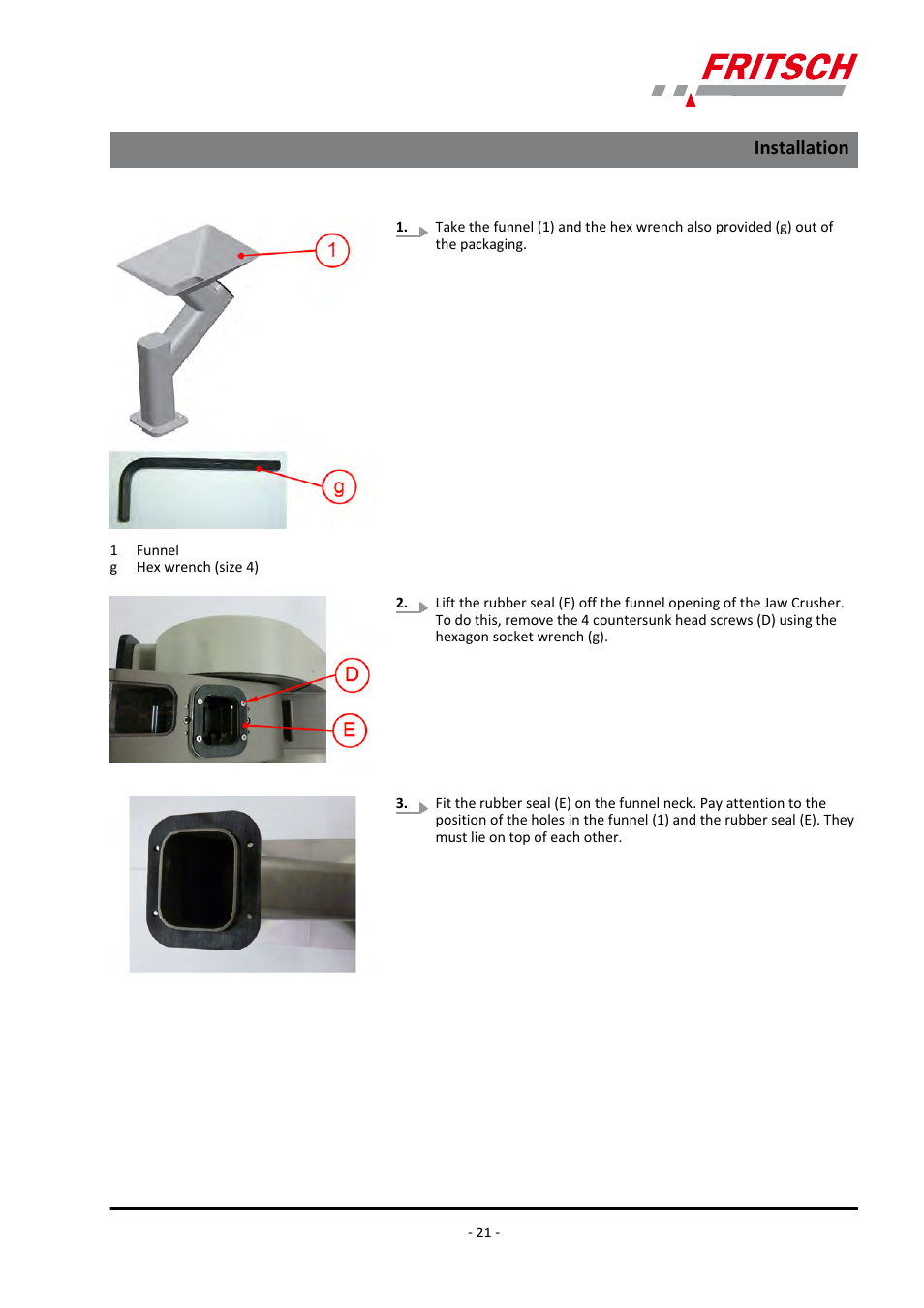 Installation | FRITSCH PULVERISETTE 1, Model I premium line User Manual | Page 21 / 56